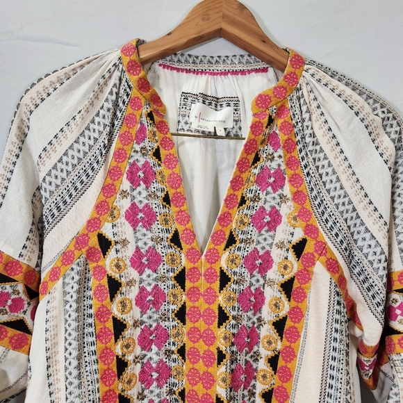 Anthropologie Lottie Embroidered Mini Dress Pleat Ivory Long Sleeve Gold - Picture 3 of 16